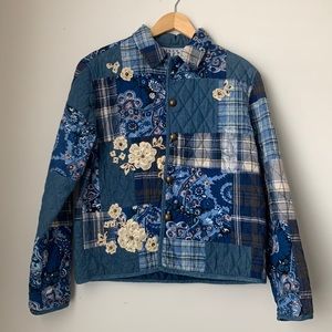 Quilted Blue Patchwork Jacket with Floral Appliqué